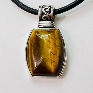 Lia Sophia Tiger Eye Pendant Necklace | Leather Cord Silver Plated | 19”